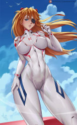 Rule 34 | 1girl, alternate breast size, arimatang, blue eyes, blush, bodysuit, breasts, breasts apart, cameltoe, clenched teeth, covered erect nipples, covered navel, cowboy shot, curvy, evangelion: 3.0+1.0 thrice upon a time, eyebrows hidden by hair, eyepatch, freckles, from below, gluteal fold, hair between eyes, hand on own hip, highres, interface headset, large breasts, latex, long hair, looking at viewer, mecha, neon genesis evangelion, orange hair, plugsuit, rebuild of evangelion, robot, skin tight, sky, solo, souryuu asuka langley, teeth, thighs, two side up, white bodysuit, wide hips, wind