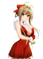 Rule 34 | 10s, 1girl, amagi brilliant park, antenna hair, bow, breasts, brown eyes, brown hair, choker, christmas, cleavage, gloves, hair bow, highres, large breasts, looking at viewer, new year, red gloves, sento isuzu, simple background, solo, white background