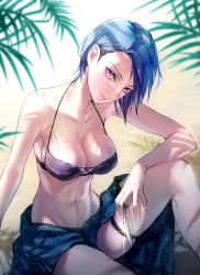 Rule 34 | 1girl, alternate costume, beach, bikini, black bikini, breasts, cleavage, closed mouth, collarbone, commentary request, fire emblem, fire emblem: three houses, head tilt, holding, holding knife, holding weapon, knife, large breasts, leaf, lips, looking at viewer, navel, nintendo, pink lips, plant, purple eyes, purple hair, sand, sarong, shamir nevrand, short hair, sitting, smile, solo, swimsuit, t misaomaru, weapon