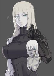 Rule 34 | 1girl, bad id, bad pixiv id, blame!, blonde hair, blue eyes, breasts, cibo, colored skin, commentary request, covered erect nipples, cyborg, grey background, heart, holding, large breasts, lips, long hair, looking at another, mechanical arms, mikoyan, parted lips, single mechanical arm, teeth, upper body, white skin