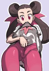 Rule 34 | 1girl, absurdres, bad id, bad pixiv id, breasts, brown hair, cameltoe, clothes lift, covered navel, creatures (company), dress, dress lift, frontal wedgie, game freak, gloss (hotglossed), gluteal fold, grey background, gym leader, hair ornament, hair rings, highres, mary janes, medium breasts, nintendo, pantyhose, pantylines, pink eyes, pink pantyhose, pokemon, pokemon oras, presenting, roxanne (pokemon), shoes, short sleeves, simple background, solo, standing, wedgie