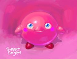 Rule 34 | artist name, blue eyes, blush stickers, gradient background, kirby, kirby (series), nintendo, no humans, pink theme, robert de jesus, shoes, smile, solo