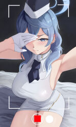 Rule 34 | 1girl, absurdres, ako (blue archive), alternate color, armpits, ascot, bed, black ascot, blue archive, blue eyes, blue hair, blue halo, blush, breasts, collared dress, commentary, covering one eye, dress, earrings, embarrassed, gloves, half gloves, halo, hat, highres, jewelry, large breasts, long hair, looking at viewer, pitespear, selfie, short dress, sideboob, sideless dress, sitting, solo, stud earrings, viewfinder, white dress, white gloves