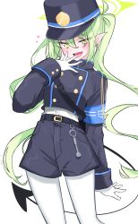 Rule 34 | 1girl, armband, black hat, blue archive, blue armband, blush, commentary request, demon tail, earrings, gloves, green hair, green halo, hair between eyes, halo, hat, nozomi (blue archive), highres, ichiki 1, jewelry, long hair, long sleeves, looking at viewer, open mouth, pantyhose, pointy ears, simple background, smile, solo, standing, tail, twintails, white background, white gloves, white pantyhose, yellow eyes