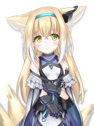Rule 34 | 1girl, animal ear fluff, animal ears, arknights, bare shoulders, black gloves, blonde hair, blouse, blue hairband, blush, breasts, cloak, closed mouth, commentary request, covered collarbone, fox ears, fox girl, fox tail, gloves, green eyes, hair between eyes, hairband, highres, infection monitor (arknights), kitsune, langley1000, long hair, looking at viewer, material growth, oripathy lesion (arknights), purple shirt, purple skirt, shirt, simple background, skirt, sleeveless, sleeveless shirt, small breasts, smile, solo, suzuran (arknights), tail, very long hair, white background, white cloak, white shirt