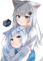 Rule 34 | 2girls, :3, :o, animal ears, blue eyes, blue hair, blue hoodie, blue nails, blush, cat ears, cat girl, cat tail, commentary, divergenceok, gawr gura, hair ornament, highres, hololive, hololive english, hood, hoodie, hug, hug from behind, indie virtual youtuber, long hair, long sleeves, looking at another, multicolored hair, multiple girls, nachoneko, nail polish, paw print, shirt, silver hair, simple background, sleeves past wrists, streaked hair, symbol-only commentary, tail, upper body, virtual youtuber, white background, white shirt