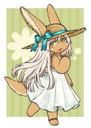 Rule 34 | 1other, :3, :d, alternate costume, alternate hair length, alternate hairstyle, ambiguous gender, animal ear fluff, animal ears, aqua ribbon, bad id, bad twitter id, commentary request, dress, ears through headwear, furry, green background, green eyes, hair between eyes, hat, hat ribbon, kawasemi27, long hair, looking at viewer, made in abyss, nanachi (made in abyss), open mouth, ribbon, simple background, smile, solo, straw hat, striped, striped background, tail, vertical stripes, whiskers, white dress, white hair