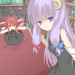 Rule 34 | 2girls, :&lt;, bat wings, book, bookshelf, crescent, crescent hair ornament, female focus, hair ornament, hair wings, head wings, koakuma, library, long hair, multiple girls, patchouli knowledge, purple eyes, purple hair, red eyes, red hair, shize (coletti), sleeveless, embodiment of scarlet devil, touhou, voile, wings