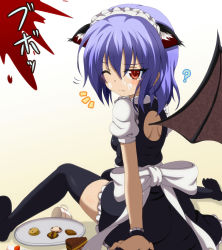 Rule 34 | 1girl, ?, alternate costume, animal ears, apron, back cutout, bat wings, black thighhighs, blue hair, blush, bow, cake, cat ears, cat girl, clothing cutout, cookie, cream, cup, dr. cryptoso, enmaided, fallen down, fang, female focus, food, food on face, fruit, highres, kemonomimi mode, maid, maid apron, maid headdress, no shoes, one eye closed, red eyes, remilia scarlet, ribbon, sexually suggestive, shirt, short hair, sitting, solo, strawberry, tears, thighhighs, touhou, tray, wings, wink, wrist cuffs, wrist ribbon, zettai ryouiki