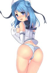 Rule 34 | 10s, 1girl, :o, ass, bad id, bad pixiv id, bare shoulders, blue eyes, blue hair, breasts, elbow gloves, gloves, hat, highres, kantai collection, long hair, looking at viewer, matching hair/eyes, medium breasts, nano (syoutamho), panties, sleeves rolled up, solo, striped clothes, striped panties, thigh gap, thighs, transparent background, underwear, urakaze (kancolle), white background, white hat