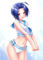 Rule 34 | 1girl, ahoge, bikini, blue hair, bow, breasts, cowboy shot, hands together, idolmaster, idolmaster (classic), interlocked fingers, large breasts, midriff, miura azusa, navel, necktie, open mouth, red eyes, sailor bikini, sailor collar, sailor swimsuit (idolmaster), short hair, standing, swimsuit, zen