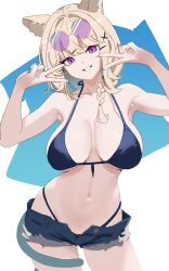 Rule 34 | 1girl, absurdres, animal ears, arknights, bare arms, bare shoulders, bikini, binware, black bikini, blonde hair, braid, breasts, commentary request, cowboy shot, cutoffs, denim, denim shorts, double v, grin, hands up, head tilt, highres, large breasts, long hair, looking at viewer, nail polish, open fly, purple eyes, short shorts, shorts, smile, solo, standing, swimsuit, thighs, utage (arknights), v