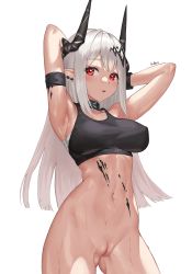 Rule 34 | 1girl, :o, arknights, armband, armpits, arms behind head, arms up, artist name, bare shoulders, black choker, black horns, black tank top, blush, breasts, censored, choker, cleft of venus, clitoris, cowboy shot, ear piercing, eyelashes, gluteal fold, highres, horns, karmiel, long hair, looking at viewer, medium breasts, mosaic censoring, mudrock (arknights), mudrock (elite ii) (arknights), navel, nipples, open mouth, piercing, pointy ears, pussy, red eyes, sarashi, shiny skin, simple background, solo, standing, stomach, sweat, tank top, very long hair, white background, wrist cuffs