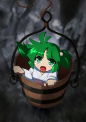 Rule 34 | 1girl, bucket, female focus, green eyes, green hair, hair bobbles, hair ornament, in bucket, in container, kisume, long sleeves, matching hair/eyes, open mouth, rope, ryuu (multitask), short hair, solo, touhou, twintails, wide sleeves