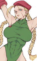 Rule 34 | 1girl, abs, arms up, beret, blonde hair, blue eyes, braid, breasts, cammy white, facial scar, green leotard, hat, leotard, lips, long hair, looking at viewer, military hat, muscular, muscular female, scar, scar on cheek, scar on face, simple background, solo, street fighter, twin braids, very long hair, yasunososaku
