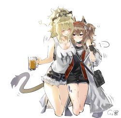 Rule 34 | ..., 2girls, absurdres, alcohol, angelina (arknights), animal ears, arknights, beer, beer mug, blush, candy, closed eyes, cup, drunk, food, fox ears, fox girl, gloves, headband, highres, infection monitor (arknights), jacket, lion ears, lion girl, lion tail, lollipop, material growth, mug, multiple girls, oripathy lesion (arknights), shorts, siege (arknights), speech bubble, tail, tank top, thighs, unworn jacket, xiaohuanjie