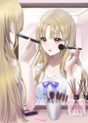 Rule 34 | 1girl, bare arms, bare shoulders, blonde hair, blue bow, blurry, blurry foreground, bow, brown eyes, depth of field, dress, from behind, highres, holding, irise, long hair, looking at mirror, makeup brush, mirror, nijisanji, open mouth, parted bangs, sister claire, sister claire (7th costume), sleeveless, sleeveless dress, solo, upper body, virtual youtuber, white dress
