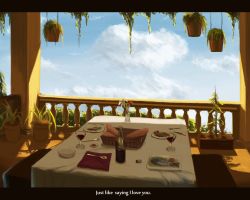 Rule 34 | alcohol, bad id, bad pixiv id, baguette, basket, bottle, braid, bread, cloud, cork, cup, day, dress, drinking glass, english text, fish, flower, food, fork, highres, knife, letterboxed, napkin, no humans, plant, plate, potted plant, railing, scenery, sky, table, tablecloth, wine, wine bottle, wine glass, yoru no nai kuni, yurichtofen