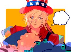 Rule 34 | ..., 1boy, alternate costume, american flag hat, american flag print, bad id, bad twitter id, closed mouth, colored skin, cotton candy, fate/apocrypha, fate/grand order, fate (series), hat, karna (fate), karna (traveling outfit) (fate), male focus, orange background, simple background, solo, spoken ellipsis, stuffed toy, top hat, white hair, white skin