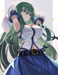 Rule 34 | 1girl, arms behind back, belt, blue eyes, blue skirt, breasts, collared shirt, detached sleeves, falken (yutozin), frog, frog hair ornament, gradient background, green eyes, green hair, grey background, hair between eyes, hair ornament, hair tubes, highres, kochiya sanae, large breasts, long hair, long skirt, revision, shirt, skirt, snake, snake hair ornament, solo, touhou, white background, white shirt