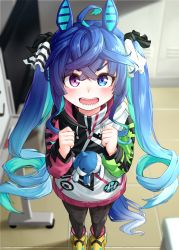 Rule 34 | 1girl, animal ears, asymmetrical clothes, black bow, black pantyhose, blue eyes, blue hair, blue tail, bow, clenched hands, from above, gradient hair, green sleeves, hair bow, heterochromia, highres, hirotsuki, hood, hood down, hoodie, horse ears, horse girl, horse tail, long hair, long sleeves, looking at viewer, looking up, multicolored hair, open mouth, pantyhose, patterned clothing, pink sleeves, purple eyes, sharp teeth, shoes, sneakers, solo, stuffed animal, stuffed toy, tail, teeth, twin turbo (umamusume), twintails, umamusume, white bow, white hoodie, yellow footwear