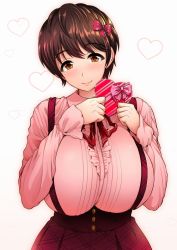 Rule 34 | 1girl, blush, bow, box, breasts, brown eyes, brown hair, buttons, gift, gift box, hair bow, happy valentine, heart, heart-shaped box, highres, holding, holding gift, huge breasts, idolmaster, idolmaster cinderella girls, long sleeves, looking at viewer, meme attire, oikawa shizuku, overall skirt, pink shirt, red skirt, ribbon, shirt, short hair, skirt, smile, solo, suspender skirt, suspenders, swept bangs, umasan, valentine, virgin killer outfit, white background