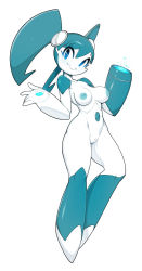 Rule 34 | 1girl, android, arm cannon, blue eyes, breasts, cleft of venus, fat mons, highres, jenny wakeman, my life as a teenage robot, navel, nickelodeon, nipples, nude, pov, pussy, screw, slugbox, twintails, uncensored, weapon