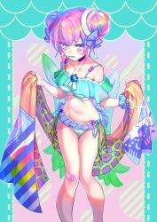 Rule 34 | 1girl, angel wings, bandaid, bare shoulders, blush, breasts, colorful, datenshi-chan (nanawo akari), dedeen, double bun, hair bun, highres, holding, holding towel, looking at viewer, multicolored background, multicolored hair, open mouth, original, purple hair, swimsuit, towel, wings