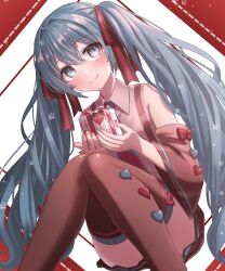 Rule 34 | 1girl, blue eyes, blue hair, blush, box, collared shirt, commentary, detached sleeves, gift, gift box, hair ribbon, hatsune miku, heart, highres, holding, holding box, knees up, long hair, looking to the side, nashinome (y5wlht), ribbon, shirt, sleeveless, sleeveless shirt, smile, solo, suspenders, thighhighs, twintails, very long hair, vocaloid