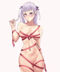Rule 34 | 1girl, absurdres, areola slip, artist name, black clover, blush, breasts, convenient censoring, dazonart, highres, looking at viewer, medium breasts, naked ribbon, navel, no bra, no panties, noelle silva, purple eyes, ribbon, solo, standing, twintails, white background, white hair, wrapped up