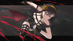 Rule 34 | 1girl, bare shoulders, black dress, black gloves, black hair, blood, breasts, cleavage, dagger, dress, dual wielding, earrings, fingerless gloves, flower, gloves, gold earrings, gold hairband, hair flower, hair ornament, hairband, highres, holding, holding dagger, holding knife, holding weapon, indy k, jewelry, knife, large breasts, letterboxed, long hair, looking at viewer, red eyes, reverse grip, sidelocks, solo, spy x family, stiletto (weapon), thighhighs, two-sided dress, two-sided fabric, weapon, yor briar
