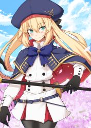 Rule 34 | 1girl, artoria caster (fate), artoria caster (second ascension) (fate), artoria pendragon (fate), belt, black gloves, black pantyhose, black ribbon, blonde hair, blue belt, blue bow, blue capelet, blue hat, blue sky, blush, board game, bow, breasts, buttons, capelet, closed mouth, cloud, cloudy sky, commentary request, cowboy shot, day, double-breasted, fate/grand order, fate (series), gloves, go (board game), green eyes, hair ribbon, hat, holding, long hair, long sleeves, looking at viewer, nahu, o-ring, o-ring belt, outdoors, pantyhose, ribbon, skirt, sky, smile, solo, staff, striped belt, twintails