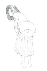 Rule 34 | 1girl, barefoot, monochrome, original, short hair, sketch, skirt, solo, yoshitomi akihito