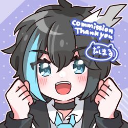 Rule 34 | 1other, black hair, blue hair, blush, commission, dasimaru000000, dot nose, english text, fangs, firery (vtuber), indie virtual youtuber, looking at viewer, multicolored hair, open mouth, other focus, signature, skeb commission, solo, virtual youtuber