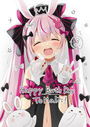 Rule 34 | 1girl, :d, ^ ^, ahoge, animal ears, bare shoulders, beret, black bow, black hat, black shirt, blush, bow, cake, cake slice, character name, closed eyes, commentary request, facing viewer, food, food on face, gloves, gradient background, grey background, hair bow, hands up, happy birthday, hat, holding, holding food, long hair, multicolored hair, natsume eri, navel, open mouth, pink hair, purple hair, rabbit ears, shirt, sleeveless, sleeveless shirt, smile, solo, sparkle, streaked hair, striped, striped bow, tomari mari, tomari mari channel, translation request, twintails, upper body, very long hair, virtual youtuber, w, white background, white gloves