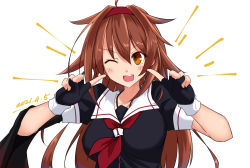Rule 34 | 1girl, asymmetrical clothes, black gloves, black serafuku, brown eyes, brown hair, commentary request, dated, fingerless gloves, gloves, hair flaps, hairband, index fingers raised, kantai collection, looking at viewer, one eye closed, open mouth, red hairband, round teeth, sailor collar, school uniform, serafuku, shiba (zudha), shiratsuyu (kancolle), shiratsuyu kai ni (kancolle), simple background, smile, solo, teeth, upper body, upper teeth only, white background, white sailor collar