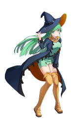 Rule 34 | 1girl, blue coat, blue eyes, blue hat, boots, coat, fran (yuliwei2012), green hair, hand on headwear, hand on own thigh, hat, highres, knees together feet apart, leaning forward, long hair, long sleeves, looking at viewer, masou shizuka, open clothes, open coat, rance (series), rance 10, simple background, solo, thigh boots, thighhighs, very long hair, white background, wind, witch hat, yellow footwear, yellow thighhighs, zettai ryouiki