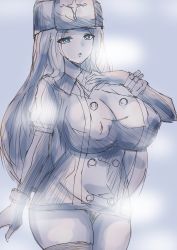 Rule 34 | 1girl, absurdres, blue eyes, breasts, buttons, coat, eyebrows, eyelashes, fur hat, fur trim, gloves, hand on own chest, hat, highres, huge breasts, kolin, lips, long hair, monochrome, nipples, rate 0271, simple background, sketch, standing, street fighter, street fighter v, thick thighs, thighhighs, thighs, ushanka, wavy hair, wide hips, winter clothes, winter coat, zettai ryouiki