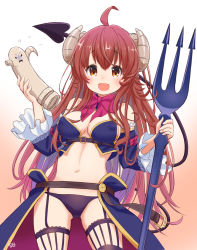 Rule 34 | 1girl, :d, ahoge, bow, bowtie, breasts, brown eyes, cleavage, curled horns, demon girl, demon horns, demon tail, detached collar, detached sleeves, highres, holding, holding polearm, holding weapon, horns, lilith (machikado mazoku), long hair, looking at viewer, machikado mazoku, medium breasts, navel, open mouth, polearm, red bow, red bowtie, red hair, retsumaru, smile, tail, thighs, trident, weapon, yoshida yuuko (machikado mazoku)