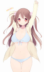 Rule 34 | 1girl, arms up, bikini, blue bikini, blush, breasts, brown hair, character name, closed mouth, cowboy shot, eyebrows, front-tie bikini top, front-tie top, hair ornament, highres, itsumi (itumiyuo), jacket, jacket over swimsuit, large breasts, long hair, long sleeves, looking at viewer, mizuhara hayari, navel, pom pom (clothes), red eyes, saki (manga), simple background, sleeves past wrists, smile, solo, stomach, swimsuit, thigh gap, underboob, white background