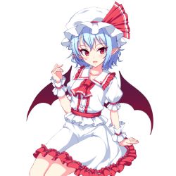 Rule 34 | 1girl, :d, arm at side, bat wings, blue hair, blush, buttons, center frills, collar, collarbone, dress, frilled collar, frilled cuffs, frilled dress, frilled shirt collar, frills, hat, hat ribbon, head tilt, junior27016, mob cap, open mouth, pointy ears, red eyes, red ribbon, remilia scarlet, ribbon, short hair, simple background, sitting, smile, solo, tooth, touhou, tsurime, white background, white dress, white hat, wings, wrist cuffs