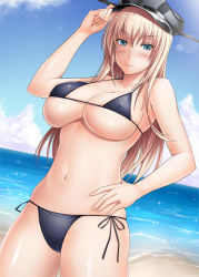 Rule 34 | 10s, 1girl, adjusting clothes, adjusting headwear, beach, bikini, bismarck (kancolle), blonde hair, blue eyes, breasts, buchan, hand on own hip, hat, kantai collection, large breasts, long hair, peaked cap, solo, standing, swimsuit, underboob