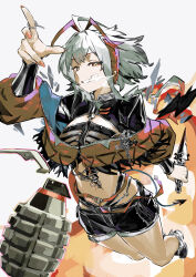 Rule 34 | 1girl, absurdres, arknights, breasts, dagger, explosive, grenade, highres, holding, holding dagger, holding knife, holding weapon, horns, jacket, knife, looking at viewer, midriff, orange nails, red eyes, renxzd, short hair, shorts, simple background, solo, w (arknights), weapon, white background, white hair, wis&#039;adel (arknights)