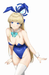 Rule 34 | 1girl, absurdres, animal ears, bare shoulders, blonde hair, blue archive, blue bow, blue eyes, blue hairband, blue leotard, bow, bowtie, braid, breasts, cleavage, detached collar, fake animal ears, groin, hairband, halo, highleg, highleg leotard, highres, leotard, long hair, medium breasts, official alternate costume, official alternate hairstyle, parted lips, pixel (yuxian), playboy bunny, rabbit ears, rabbit tail, simple background, solo, tail, thighhighs, thighs, toki (blue archive), toki (bunny) (blue archive), very long hair, white background, white thighhighs, wrist cuffs