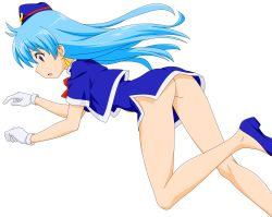 Rule 34 | 1990s (style), 1girl, absurdres, aqua hair, ass, black background, blue footwear, bow, breasts, crossed legs, dress, earrings, female focus, flight attendant, gloves, hand up, hat, highres, hip focus, jewelry, legs, long hair, looking to the side, miniskirt, no panties, open mouth, purple eyes, red bow, retro artstyle, shoes, short dress, short sleeves, simple background, skirt, smile, solo, tenjouin katsura, thighs, third-party edit, travel attendant, vector trace, white gloves, yat anshin uchuu ryokou