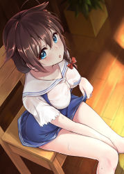 Rule 34 | 10s, 1girl, ahoge, alternate costume, blue eyes, blush, bow, braid, breasts, brown hair, casual, clothes lift, from above, hair between eyes, hair bow, hair ornament, hair over shoulder, highres, indoors, kantai collection, knees together feet apart, lifted by self, looking at viewer, looking up, medium breasts, open mouth, sailor collar, shigure (kancolle), shirt, short sleeves, single braid, sitting, skirt, skirt lift, solo, sweat, umakuchi shouyu (into-rain), wet, wet clothes, wet shirt