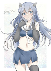 Rule 34 | 1girl, artist name, black gloves, blue eyes, blush, cowboy shot, dated, elbow gloves, gakky, gloves, hair between eyes, headgear, i-203 (kancolle), kantai collection, long hair, navel, open mouth, sailor collar, silver hair, simple background, solo, white background, white sailor collar