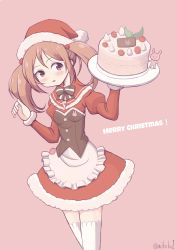 Rule 34 | 10s, 1girl, rabbit, cake, christmas, dress, food, fur trim, hair bobbles, hair ornament, hat, highres, kantai collection, long hair, mikoko1, pink background, pink eyes, pink hair, puffy sleeves, red dress, santa hat, sazanami (kancolle), solo, twintails, twitter username, white apron