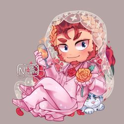 Rule 34 | 2boys, :&lt;, alcohol, arm support, artist logo, artist name, blue eyes, blush, champagne, chibi, claude (housamo), closed mouth, collared shirt, commentary, english commentary, flower, formal, furry, furry male, gloves, green eyes, grey background, highres, holding, holding flower, laurel crown, crossed legs, long sideburns, long sleeves, looking at viewer, male focus, mature male, multiple boys, novase (novanovase), official alternate costume, outline, petals, red flower, red hair, red rose, rose, sanpaku, shirt, short hair, sideburns, simple background, sitting, smile, snow (housamo), solo focus, sparkle, suit, thick eyebrows, tokyo houkago summoners, twitter username, veil, vest, whiskers, white footwear, white fur, white gloves, white outline, white suit, white theme, yellow flower, yellow rose
