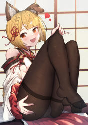 Rule 34 | 1girl, :d, animal ears, ass, bare shoulders, blonde hair, blush, breasts, brown pantyhose, cellphone, clothes pull, commentary, commentary request, detached sleeves, dog ears, dog girl, fang, feet, flower knot, full body, granblue fantasy, hair ribbon, heart, highres, legs up, long sleeves, looking at viewer, medium breasts, no shoes, open mouth, orange eyes, panties, panties under pantyhose, pantyhose, phone, red ribbon, revision, ribbon, short hair, sideboob, sitting, small breasts, smartphone, smile, solo, symbol-only commentary, thighband pantyhose, underwear, uneg, vajra (granblue fantasy), white panties, wide sleeves